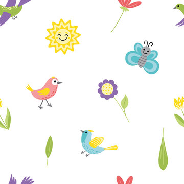 Jolly summer seamless pattern. Bird, sun, flower, butterfly. Flat, cartoon, vector