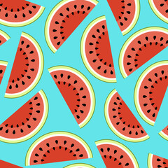 Watermelon half pieces seamless pattern. Cut watermelon, piece, half on blue. Flat, vector
