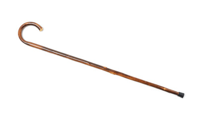 Elegant wooden walking cane isolated on white
