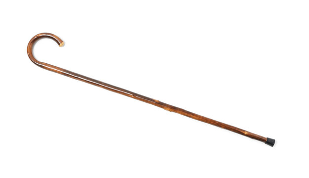 Elegant wooden walking cane isolated on white