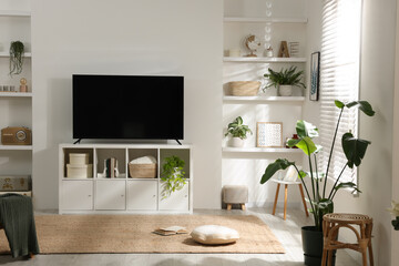 Stylish wide TV set on stand in room