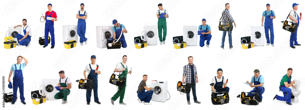 Wall mural Collage with photos of plumbers on white background. Banner design