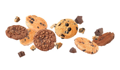 Delicious chocolate chip cookies falling on white background