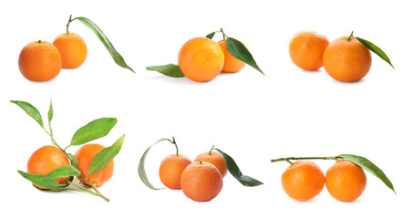Set with tasty ripe tangerines on white background