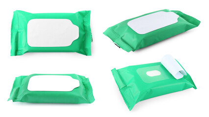 Set with packs of wet wipes on white background
