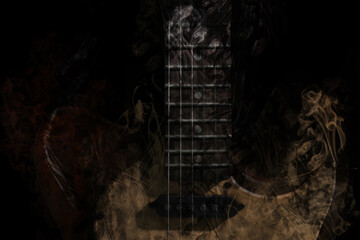 Electric guitar and smoke on black background, closeup. Stylish design. Rock music concept