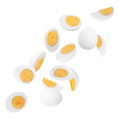 Tasty hard boiled eggs falling on white background