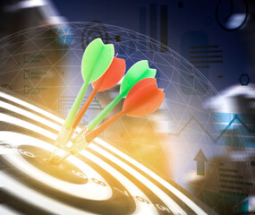 Darts hitting target on board, graph illustration and blurred of view cityscape
