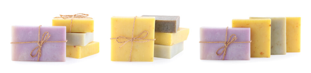 Set with handmade soap bars on white background. Banner design