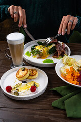 Healthy and fresh breakfast serving on dining table. Balanced diet breakfast set. Yummy hotel breakfast set. top view