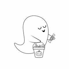 Cute ghost with sweets coloring page. Black and white ghost. Vector