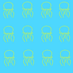 Beautiful background of jellyfish drawn with a yellow marker on blue paper. Neon pattern from exotic marine animals. Vacation concept. Print for bed linen.