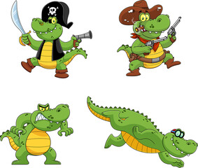 Alligator Or Crocodile Cartoon Character Different Poses. Vector Hand Drawn Collection Set Isolated On White Background