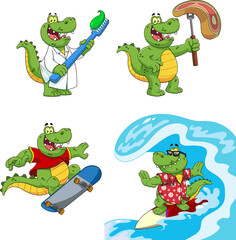 Fototapeta premium Alligator Or Crocodile Cartoon Character Different Poses. Vector Hand Drawn Collection Set Isolated On White Background
