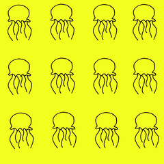 Beautiful background of jellyfish drawn with a black marker on yellow paper. Pattern from exotic marine animals. Vacation concept. Print for bed linen.