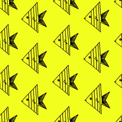 Beautiful background of fish drawn with black marker on yellow paper. Pattern from exotic marine animals. Vacation concept. Print for bed linen.