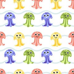 Jellyfish seamless pattern with waves. Flat, cartoon, vector © Aleksandra