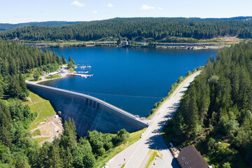 Aerial view from the dam at Lake Schluchsee. Is ist a reservoir in the municipality of Schluchsee...