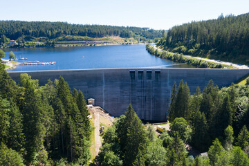 Aerial view from the dam at Lake Schluchsee. Is ist a reservoir in the municipality of Schluchsee near St. Blasien in the district of Breisgau, Black forest, Baden-Wuerttemberg, Germany. 