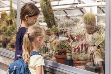 Cactus Botanical Garden. Children on Excursion in Botanical Garden. Variety of Cacti in Greenhouse. 