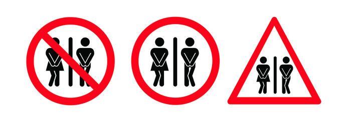 Restroom or bathroom for man and woman to peeing. Human toilets logo. Vector WC pictogram or sign. Stick figures or stickman. Signage. Urine disorder, prostate.