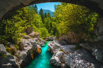 Turquoise Soca river in the green forest near Bovec, Slovenia