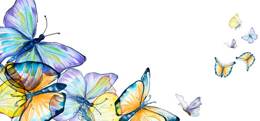 Board of grassland butterflies watercolor illustration on white background.