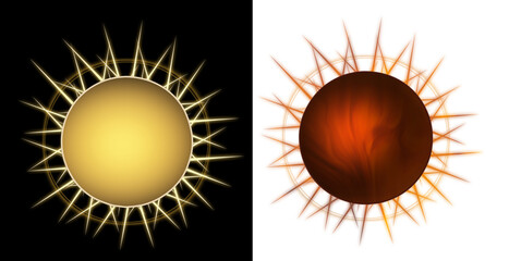 Two different drawings of the sun. One in the form of a ball, the other in the form of a fireball.Hot sun sign with sharp rays isolated on white and black background. 