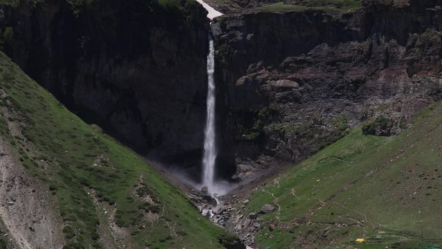 majestic sissu waterfall in lahaul spiti valley in himachal pradesh. 