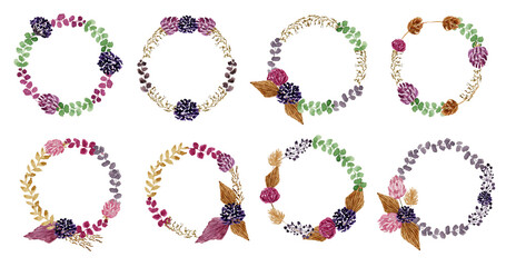 set of aesthetic flower wreath watercolor arrangement