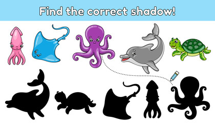 Find the correct shadow. Educational game for children. Cartoon sea animals. Vector illustration. © Alyona-Simona