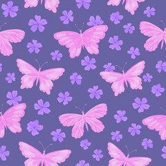 Seamless vector pattern with butterfly and flowers. Decoration print for wrapping, wallpaper, fabric, textile. 