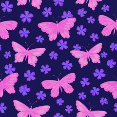 Fototapeta na wymiar Seamless vector pattern with butterfly and flowers. Decoration print for wrapping, wallpaper, fabric, textile. 