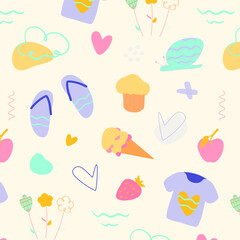 Summer vector pattern. Ice cream, snail, purple shirt. Summer food, clothes. Abstract hearts, flowers elements.
