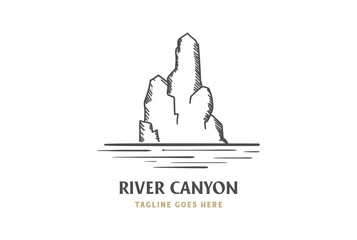 Vintage Rock Stone Canyon Cliff with River Creek Lake Logo Design Vector