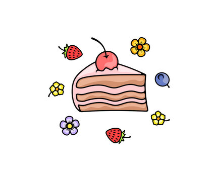 Chocolate cake with fruits and berries, flowers, portion and piece, logo design. Food, meal, confectionery, sweet, pastry and bakery, vector design and illustration