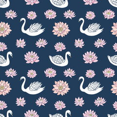 Seamless vector pattern of swans and lotuses. Decoration print for wrapping, wallpaper, fabric, textile.