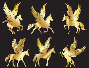 pegasus with wings set silhouette, isolated, vector