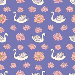 Seamless vector pattern of swans and lotuses. Decoration print for wrapping, wallpaper, fabric, textile.