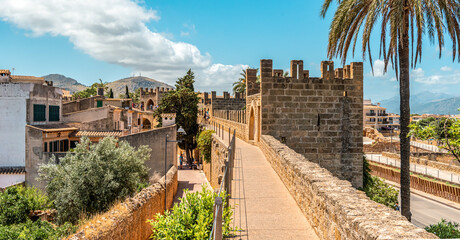 Walls of the Porta del Moll fortress in the old town of Alcudia, Mallorca island