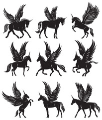 pegasus with wings set black silhouette, isolated, vector