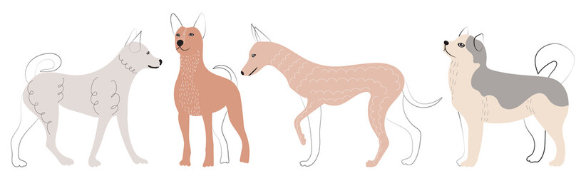 doodle dogs are played sketch, outline isolated, vector