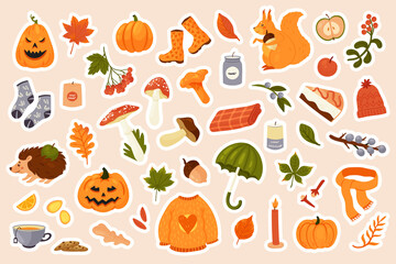 Autumn stickers pack set vector illustration. Cartoon autumn collection with fall acorn and edible mushrooms, Halloween pumpkin, orange leaf of maple oak and chestnut, cozy warm plaid hot tea isolated