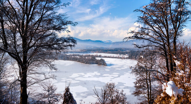 View from the monastery Wernberg near Villach on the loop of the river Drava in winter, the perfect place for nature lovers.