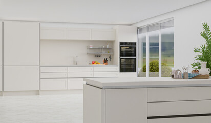 cooking room with a dinning table - wall. 3D rendering.