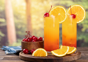 Tequila sunrise cocktail with rural background - obrazy, fototapety, plakaty