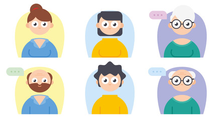 Set of people avatars of different ages and genders. Collection of smiling young and old men and women icons, with chat bubble. Simple flat style vector illustration