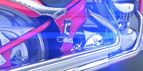 Street motorcycle side closeup with chrome details, 3d rendering, 3d illustration