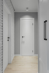Grey entrance hallway with wardrobe and white doorway to the living room. Close up. High quality photo