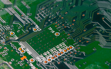 Macro Close up of printed wiring on PC circuit board.
